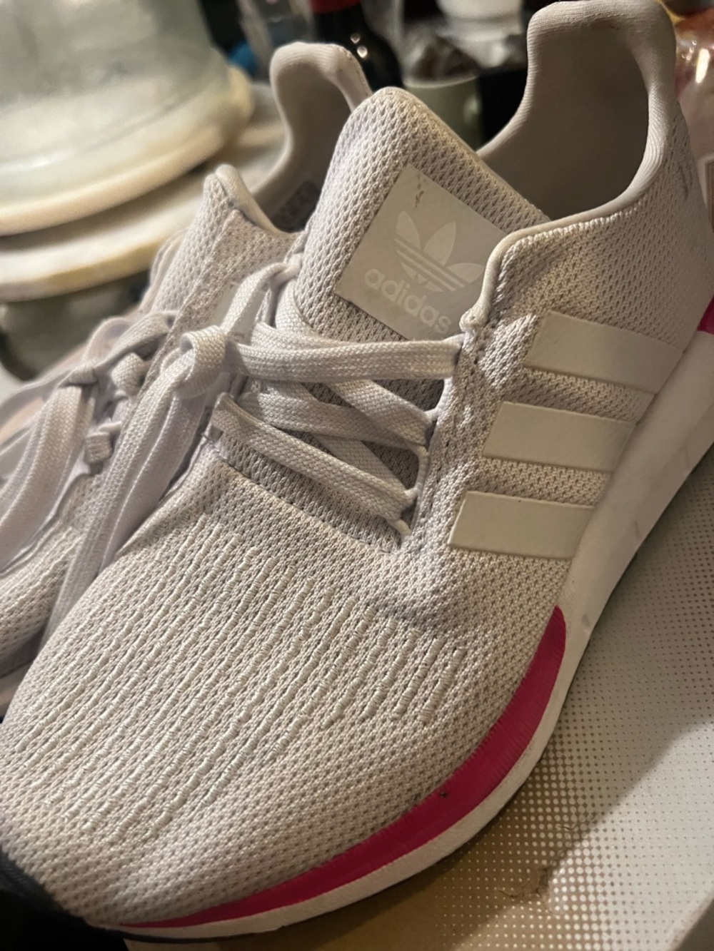adidas Kids white Knit Sneakers with Pink Trim